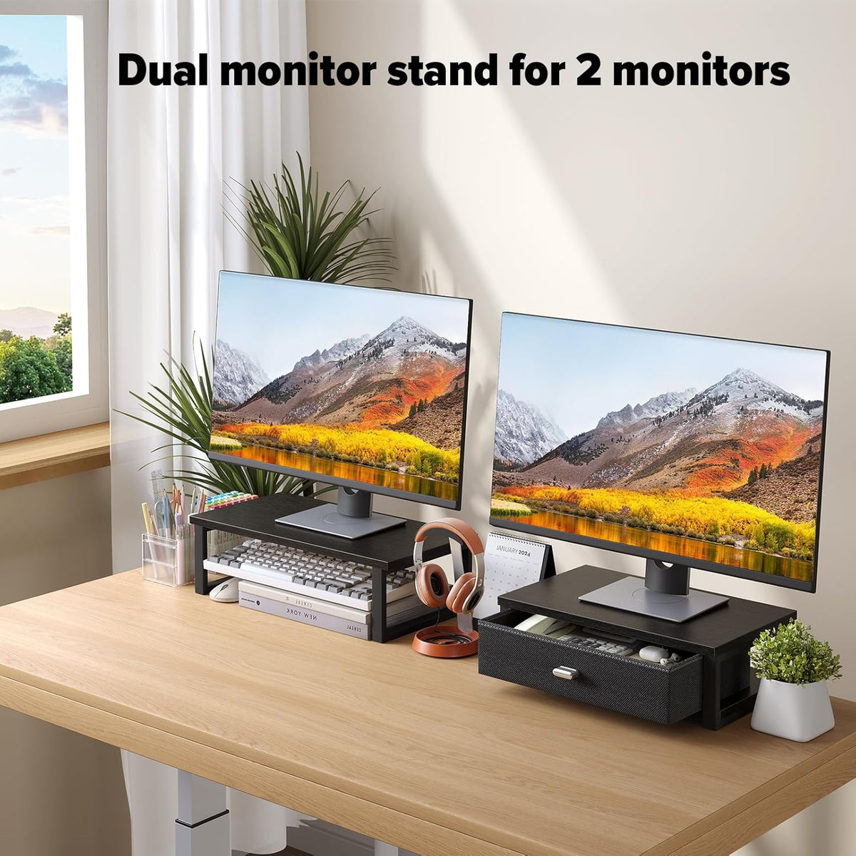 WOHOMO Dual Monitor Stand Riser with Drawers, Desk Organizers for 2 Monitors, Desktop Storage Stand for Computer,Laptop,Black