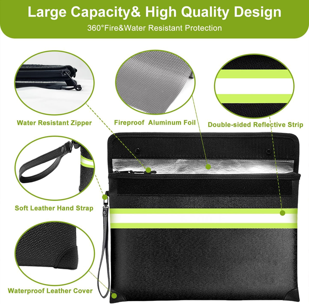 6500°F Fireproof Document Bag with Lock,2025 Upgraded Fireproof/Waterproof Money Bag with Zipper/Reflective Strip,Storage Pouch for A4 Letter Size Document,Cash,Cell Phone,Passport
