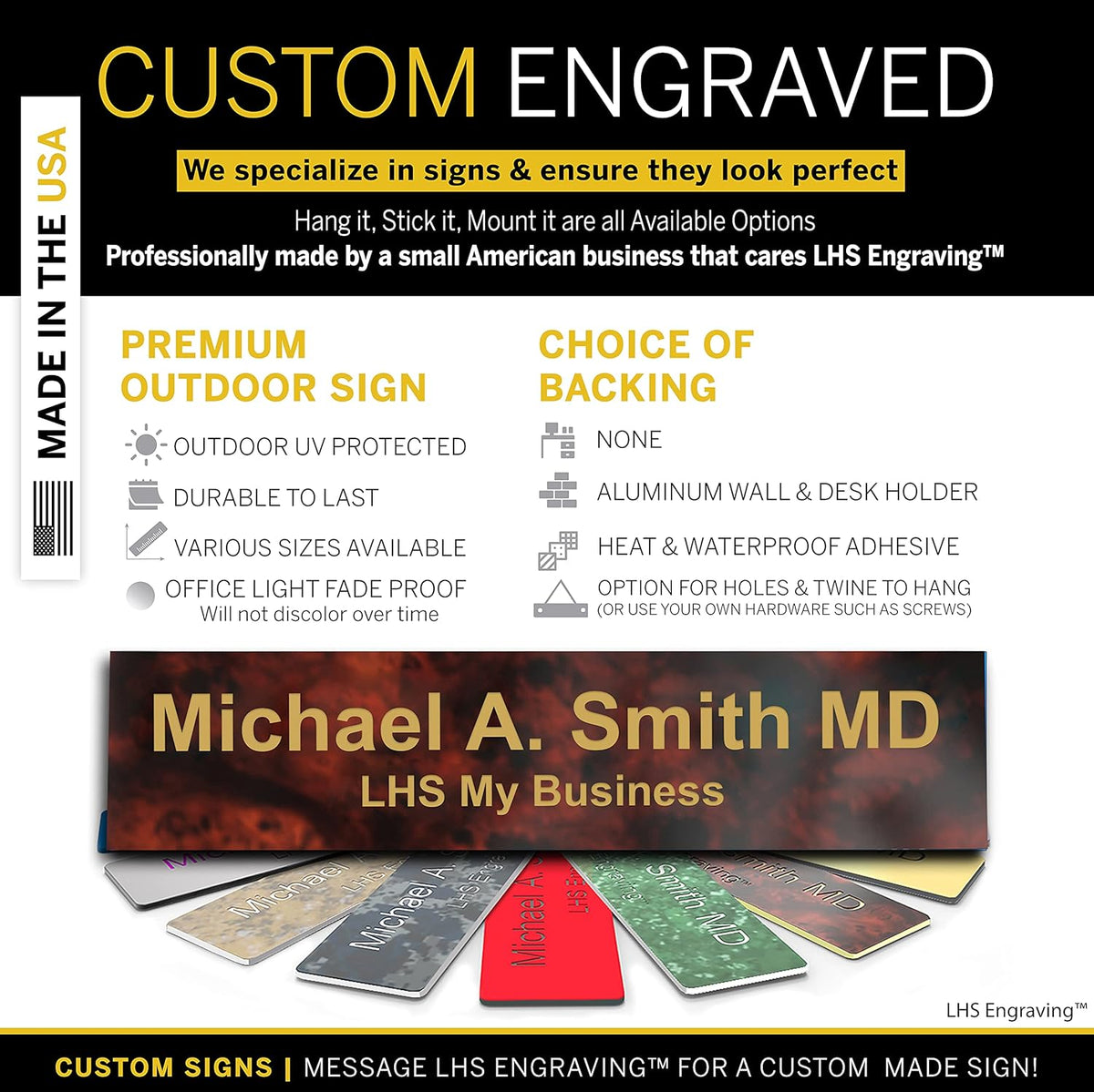 Engraved Name Plates for Door Sign Personalized Burlwood Plastic Plaque with Gold Letters - Made in USA 2x10 N2