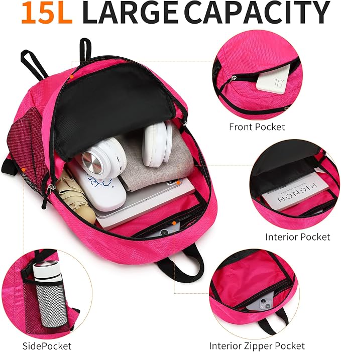 Small Hiking Daypack, 15L Waterproof Hiking Backpack Packable Lightweight