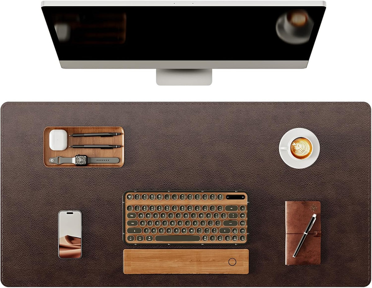 YSAGi Genuine Leather Desk Mat, 31.5"x15.8" Office Desk Pad, Thick Premium Table Pad with Stitched Line, Non-Slip Laptop Writing Pad with Rubber Base (Dark Brown, 31.5"x15.8")