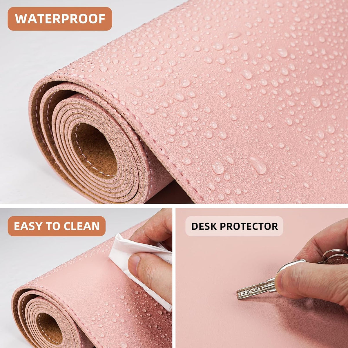 Large Desk Mat -47.2" x 17.5" Leather Desk Pad Protector with Natural Cork & PU Leather, Non-Slip Office Desk Mat, Double-Sided Mouse Pad, Waterproof Large Desk Pad for Office&Home(Pink)