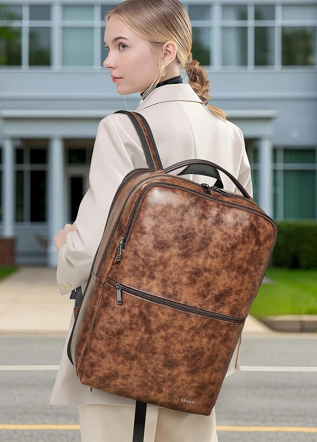 Vegan Leather Laptop Backpack for Women&Men, 16 Inch Expandable Backpack