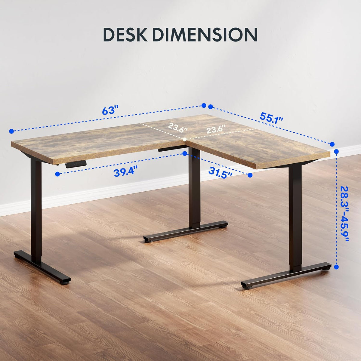 FLEXISPOT L Shaped Standing Desk, 63 x 55 Inch Electric Height Adjustable Corner Desk, Sit Stand Computer Workstation, Preset Controller, Home Office, Black Frame with Rustic Brown Top