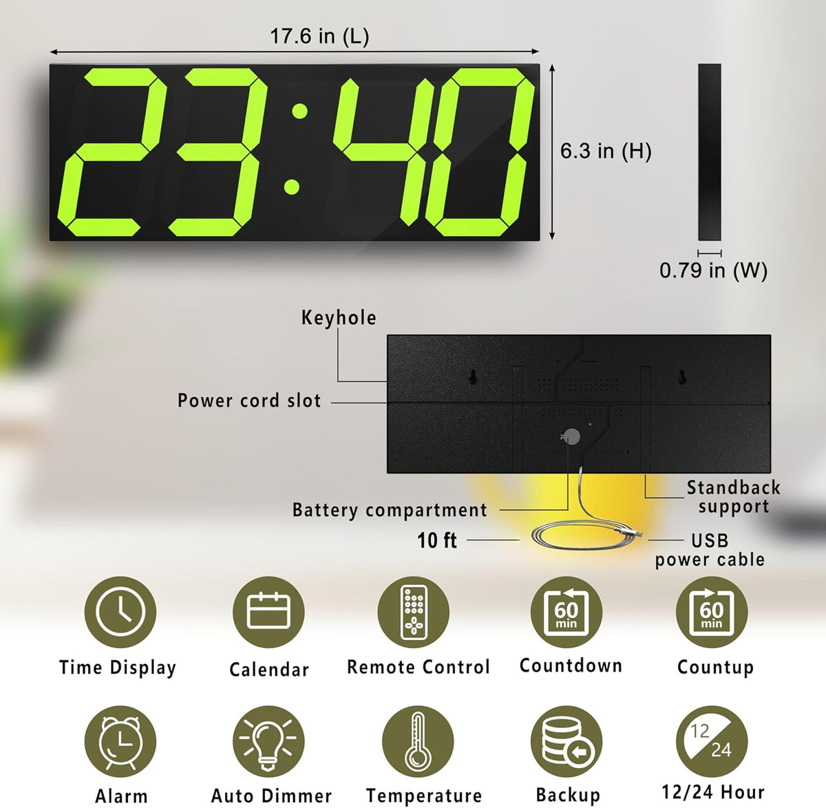 LED Large Digital Wall Clock, Oversize Digital Clock with 6” Numbers, Remote Control Count up/Countdown Timer Clock, Auto Dimmer, Big Calendar and Thermometer（Yellow