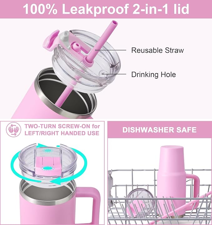 SUNWILL Travel Coffee Mug with Lid, 20 oz Tumbler with Handle and Straw Leak Proof, Stainless Steel Cup Insulated for Office & Gym, Cupholder Friendly, Powder Coated Pink