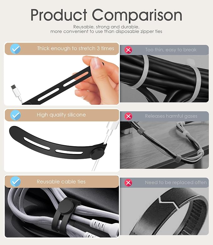 20Pcs Nearockle Reusable Cable Ties, Adjustable Silicone Cord Organizer Small