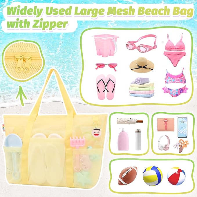 Tagitary Mesh Beach Bag with Zipper Large Beach Tote Waterproof Sandproof with