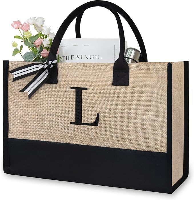 TOPDesign Initial Jute/Canvas Tote Bag, Personalized Present Bag, Suitable