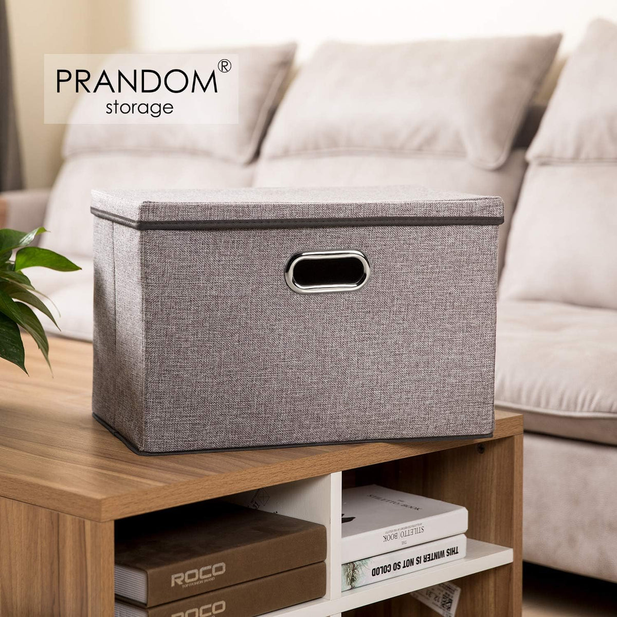 PRANDOM Large Foldable Storage Bin with Lid [1-Pack] Linen Fabric Decorative Storage Box Organizer Containers Basket Cube with Handles Divider for Bedroom Closet Office Living Room (17.7x11.8x11.8)