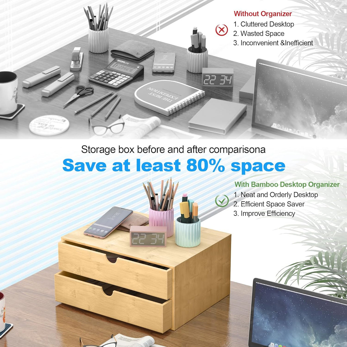 Bamboo Desk Drawer Organizer, Large Desktop Organizer with Drawers Tabletop Storage Organization Box for Office Home Toiletries Supplies Vanity, No Assembly Required (2 Drawer)