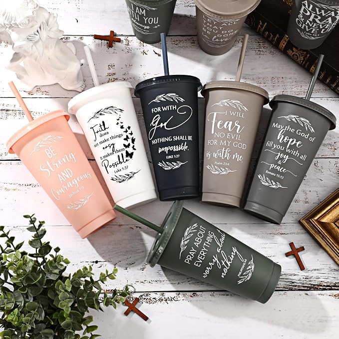 Havawish 24 Pcs Mothers Day Christian Tumbler Gift Bulk Religious Inspirational 24 oz Drinking Jesus Cup with Lid Straw Bible Verse Plastic Cup for Church Father Teacher First Communion (Vivid Color)
