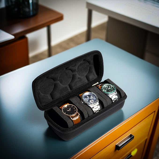3 Slot Hard Watch Travel Case, Watch Roll Case Storage and Organizer