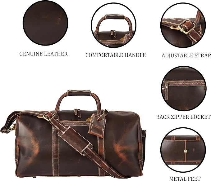 KomalC Leather Duffel Bags for Men and Women Full Grain Leather Travel