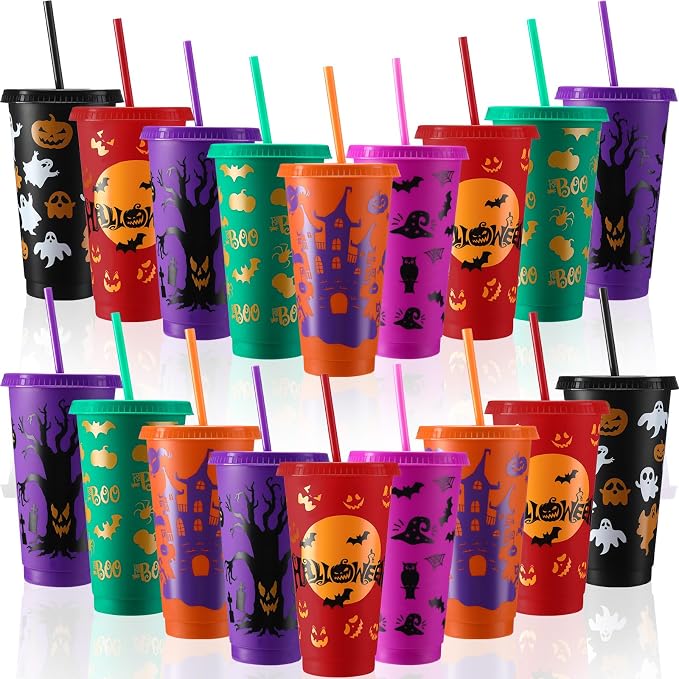 Honeydak 40 Pcs 24oz Halloween Tumblers Bulk Halloween Plastic Cups with Lids Reusable Water Bottle Iced Coffee Travel Mug Cup for Party Holiday Birthdays Goodie Bags Supplies