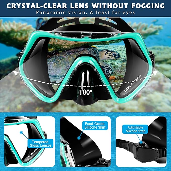 ZEEPORTE Mask Fin Snorkel Set, Travel Size Snorkeling Gear for Adults with Panoramic View Anti-Fog Mask, Trek Fins, Dry Top Snorkel and Gear Bag for Swimming Training, Snorkeling Kit Diving Packages