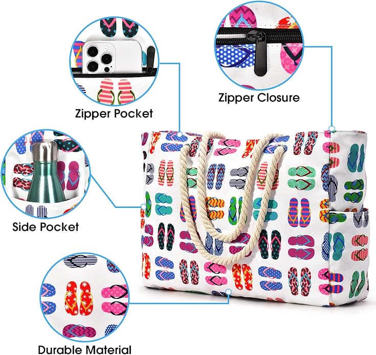 Becokan Beach Bags for Women Large Waterproof Beach Tote Bag Zipper Beach Bags