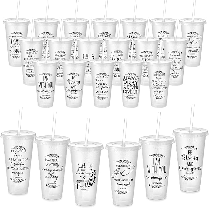 Havawish 24 Pcs Mothers Day Christian Tumbler Gift Bulk Religious Inspirational 24 oz Drinking Jesus Cup with Lid Straw Bible Verse Plastic Cup for Church Father Teacher First Communion (Clear)