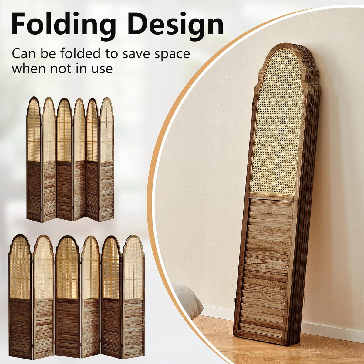 6 Panel Rattan Room Divider Panel, 5.6Ft Partitions and Dividers, Louvered Partition Divider, Room Dividers Screen, Solid Wood Frame, Folding Screen, Bedroom, Family Room, Dark Brown