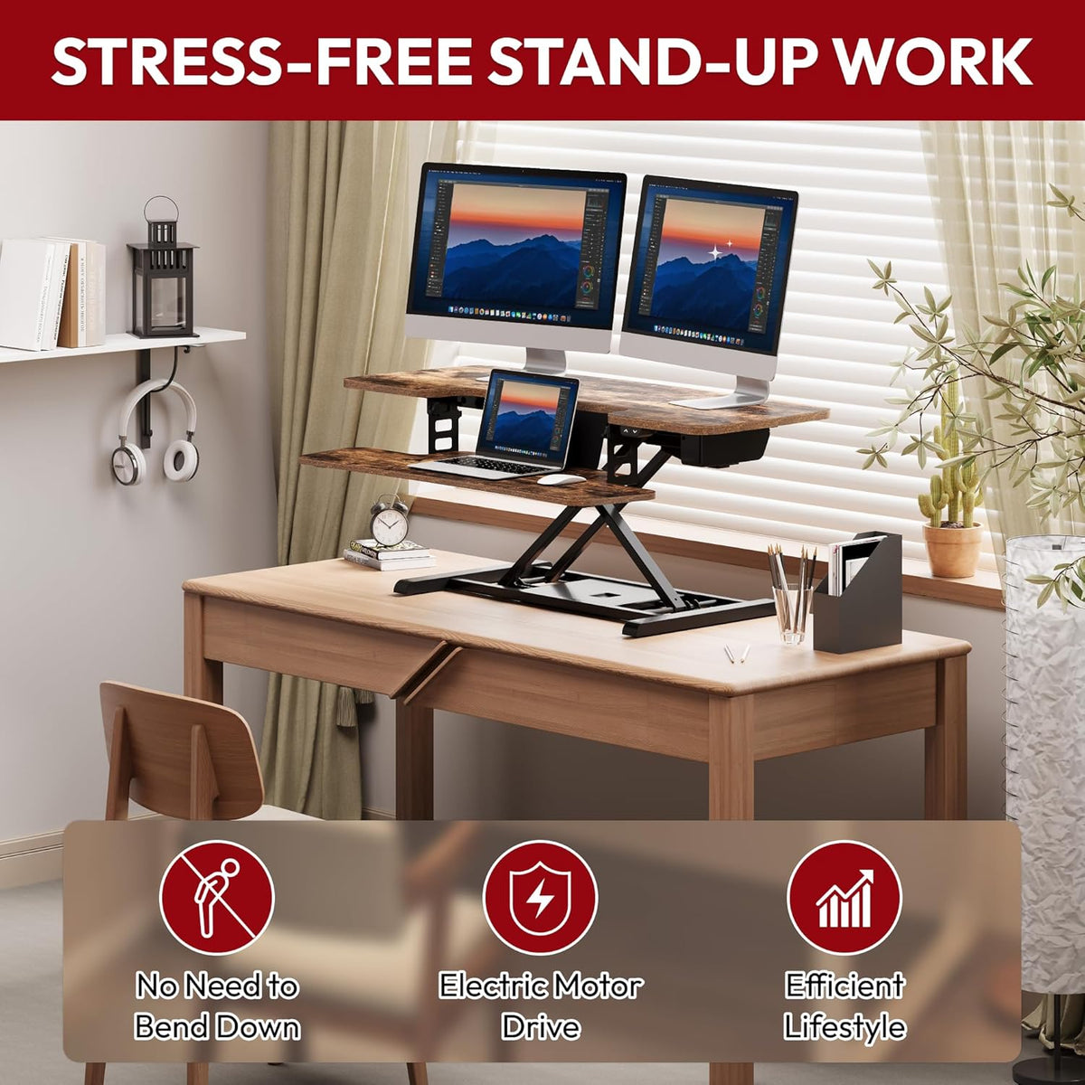 SANODESK Standing Desk Converter with Electric Motor 42" Height Adjustable Riser for Office Home,Dual Monitor and Laptop Workstation with Large Keyboard Tray,Rustic Color