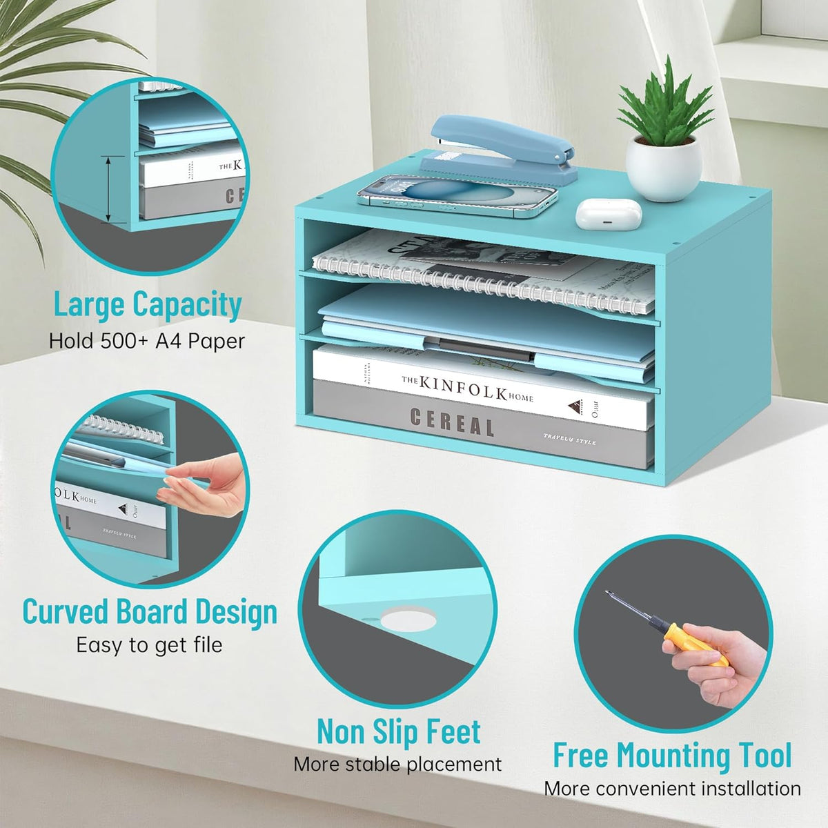 Wood Desk Organizer, 3 Tier Paper Tray Organizer for Desk with Adjustable Storage Shelves, Desktop Paper Sorter Mail Holder for Office Home Classroom, Blue