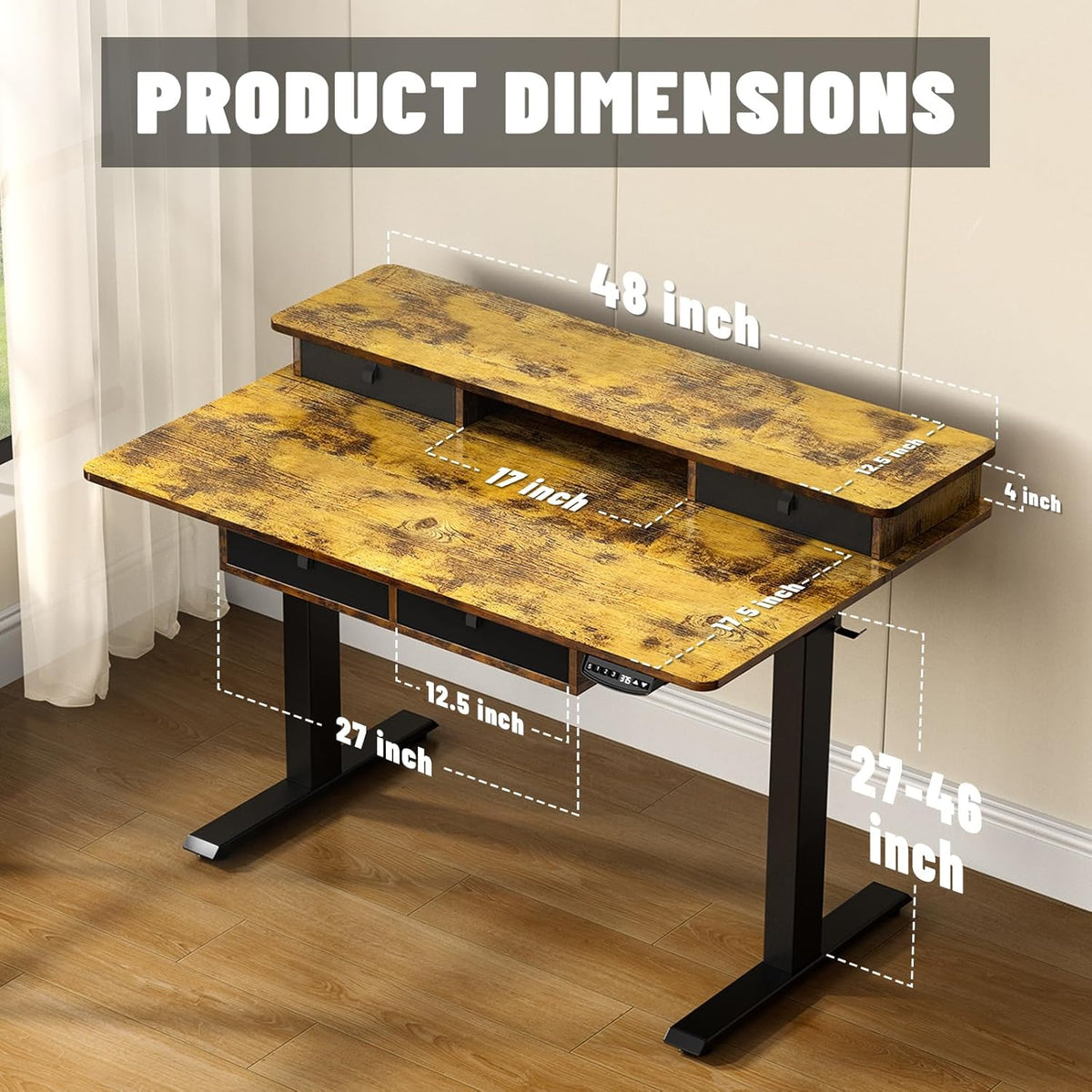 48 * 30 Inches Electric Standing Widened Desk Adjustable Height with 4 Drawers, Double Storage Shelves Stand Up Desk, Home Office Workstation Sit Stand up Desk (Rustic Brown)