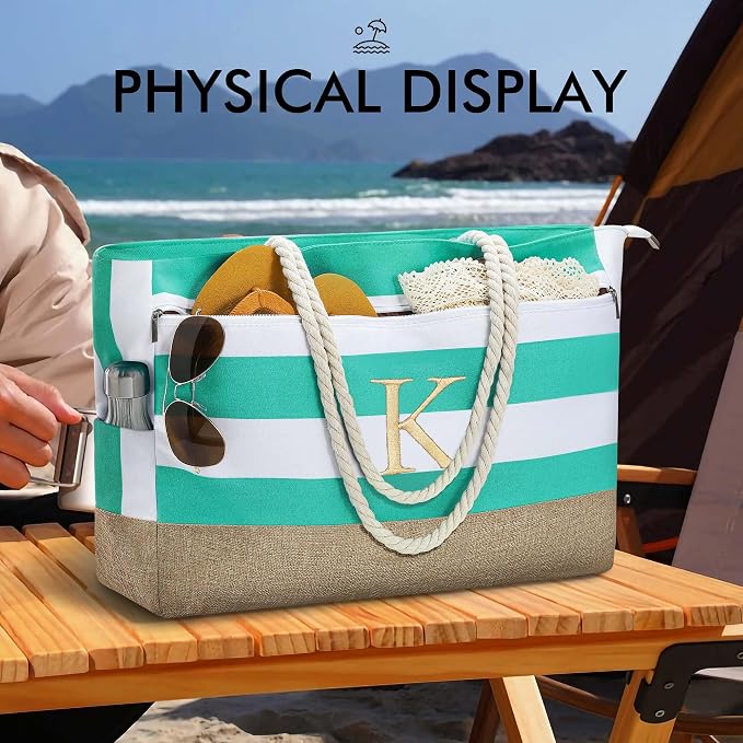 YOOLIFE Large Initial Beach Bag Waterproof Tote Zipper Bag Personalized Gifts