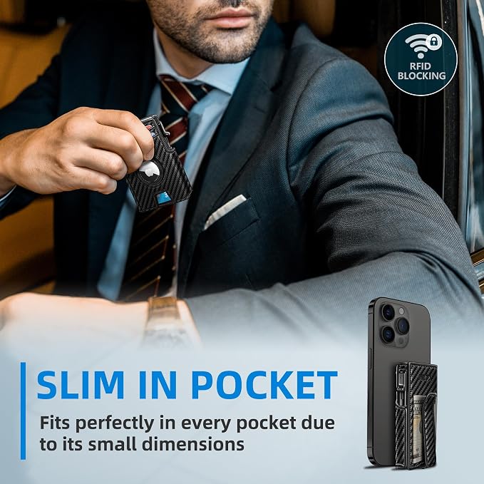 Airtag Wallet for Men, with Money Clip 10 Cards Metal Case Smart Slim Pop Up