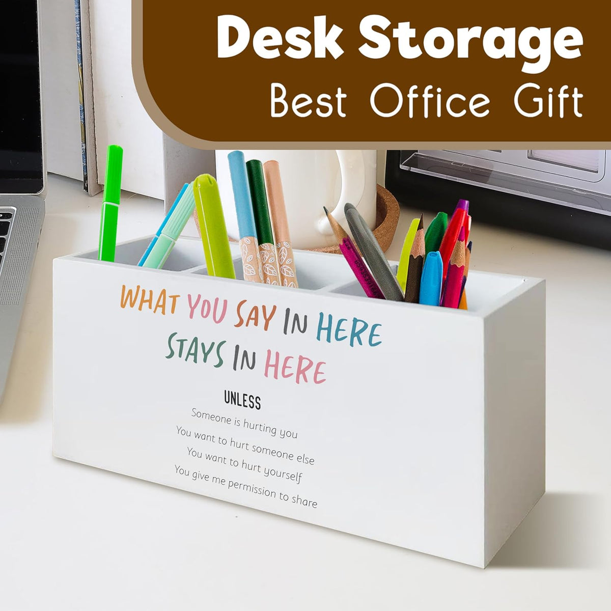 Mental Health Gifts Pen Holder for Desk, Mental Health Office Decor, What You Say in Here Stay in Here Wooden Pen Pencil Holder Organizer for Therapist Counselor Office Desk Accessories