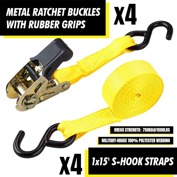 Cartman Ratchet Tie Down, 4Pk 15Ft, 500Lbs Load Cap/ 1500Lbs Break Strength