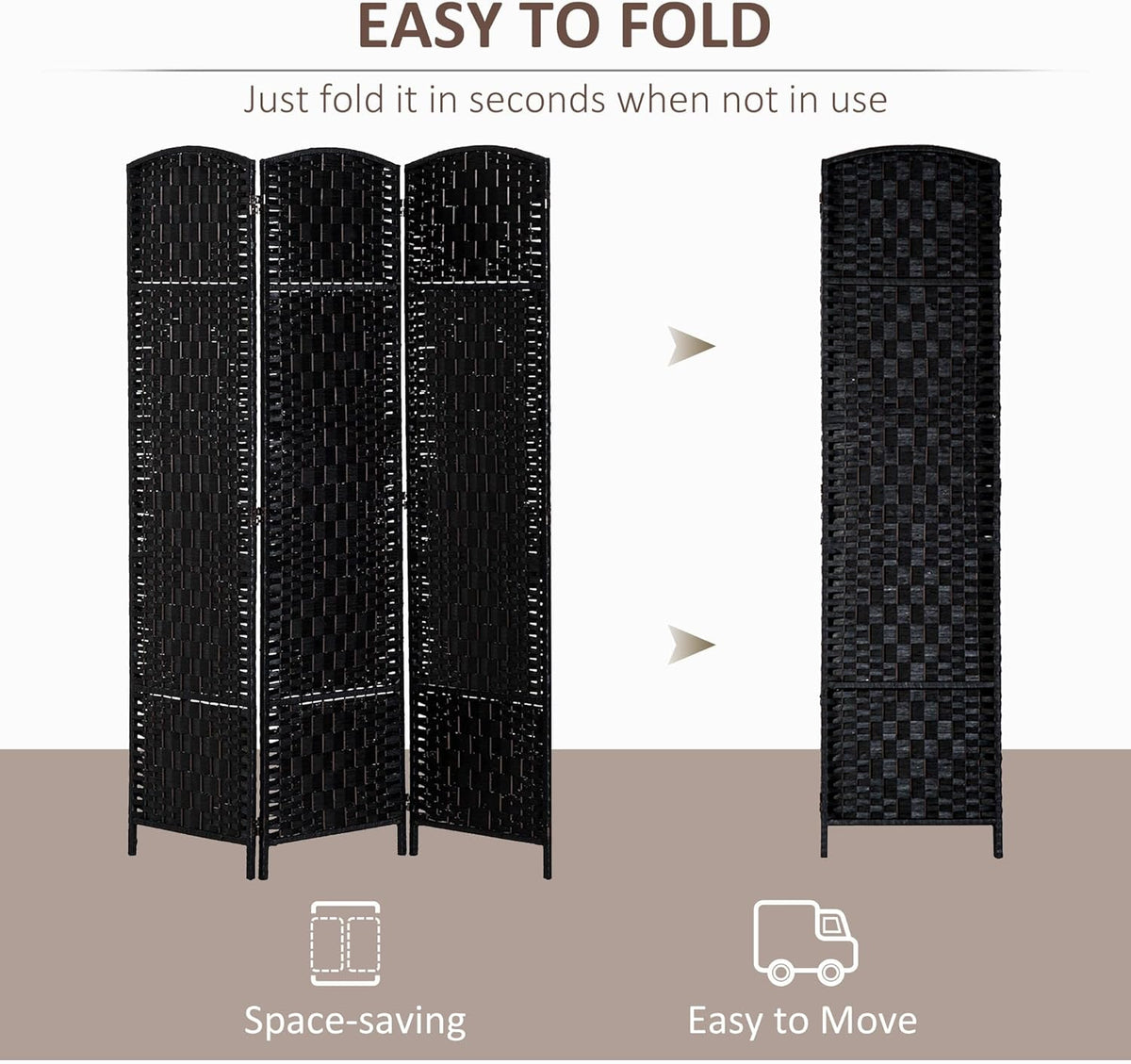 HOMCOM Room Divider, 3 Panel Folding Privacy Screen, 6FT Tall Portable Wicker Weave Partition Wall Divider for Bedroom, Home Office, Black