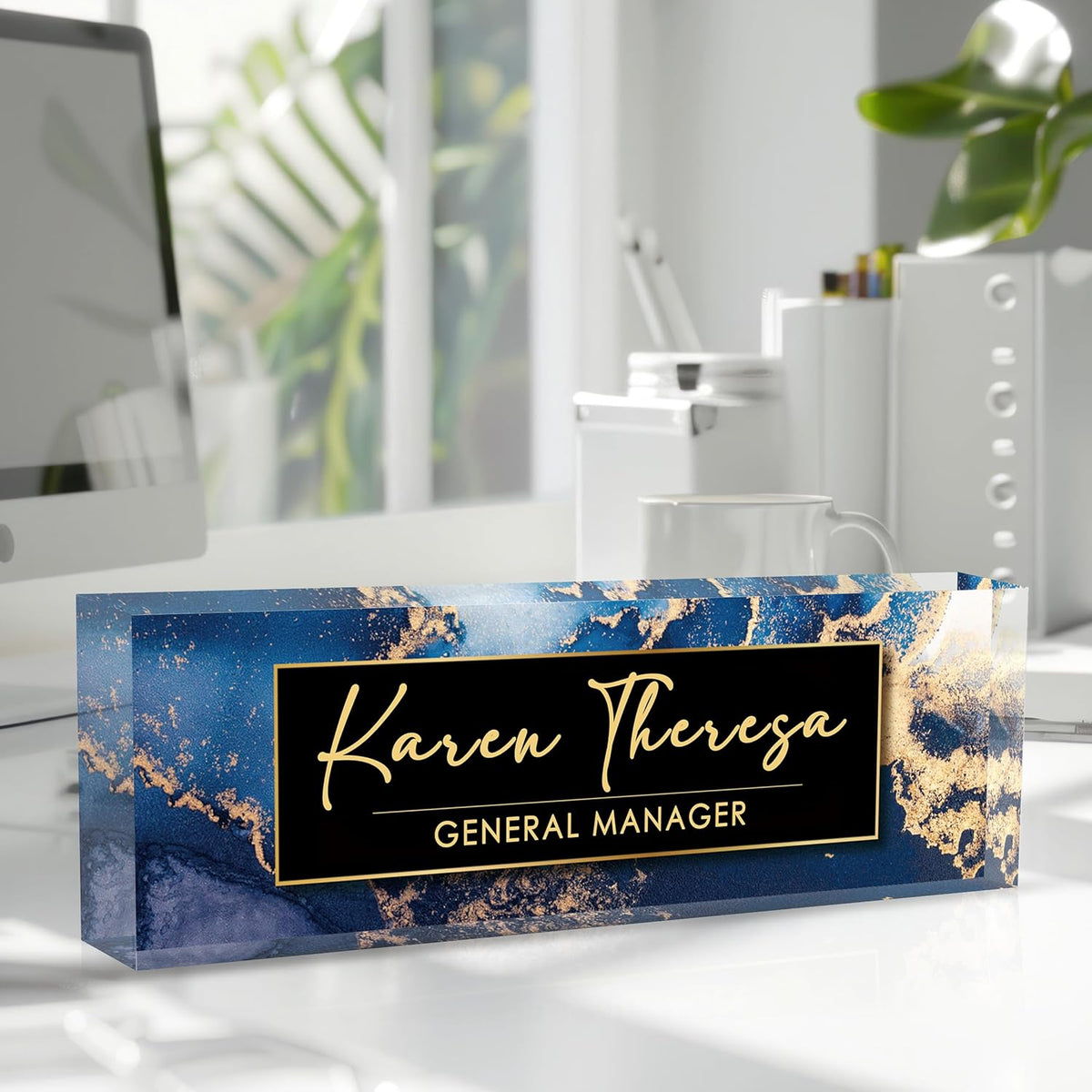 Custom Office Name Plate for Desk, Personalized Gifts for Men, Appreciation Gifts for Employee Coworkers Boss Teacher, Office Accessories (Blue Marble)