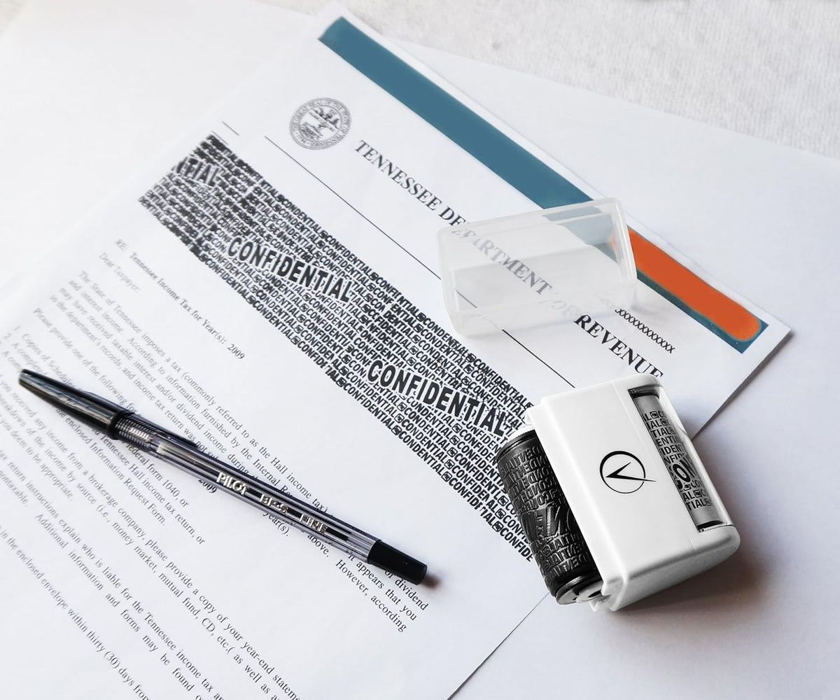Vantamo Identity Theft Protection Roller Stamp for Hiding Sensitive Information, Wide Confidential Stamp with 3 Ink Refill, Security Stamp Roller for Identity Theft Prevention, Classy White
