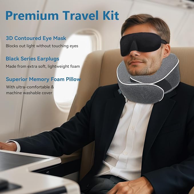 Travel Neck Pillow 100% Memory Foam – Airplane & Car Travel Essentials Kit