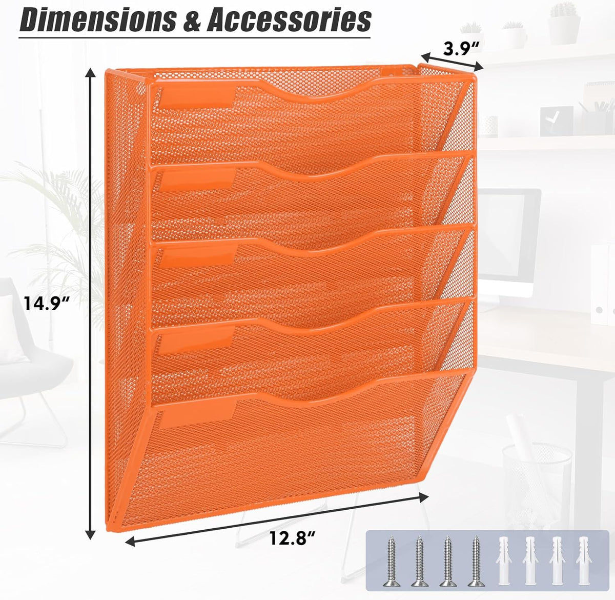 EASEPRES 5 Pocket Mesh Hanging Wall File Organizer, Wall Mounted Mail Paper Document Folder Holder, Clipboard Storage Organization Magazine Rack with Nametag Label for Office Home School, Orange