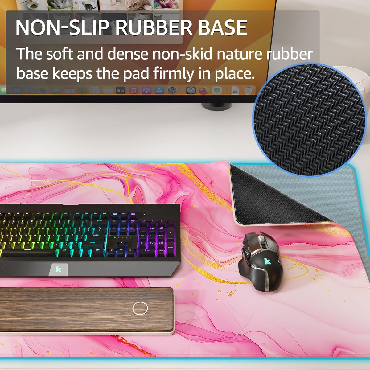 KTRIO Large Gaming Mouse Pad with Stitched Edges, Extended Mousepad with Superior Micro-Weave Cloth, Non-Slip Base, Water Resist Keyboard Pad for Gamer, Office & Home, 31.5x15.7in, Pink Marble