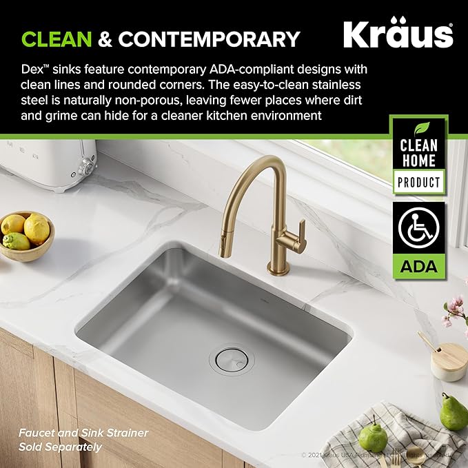 KRAUS Dex 25-inch Undermount 16 Gauge Stainless Steel Single Bowl ADA Kitchen