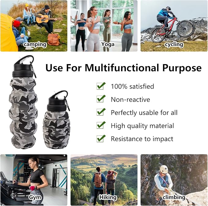 Collapsible Travel Water Bottle18oz, Reuseable Silicone Foldable Water Bottles