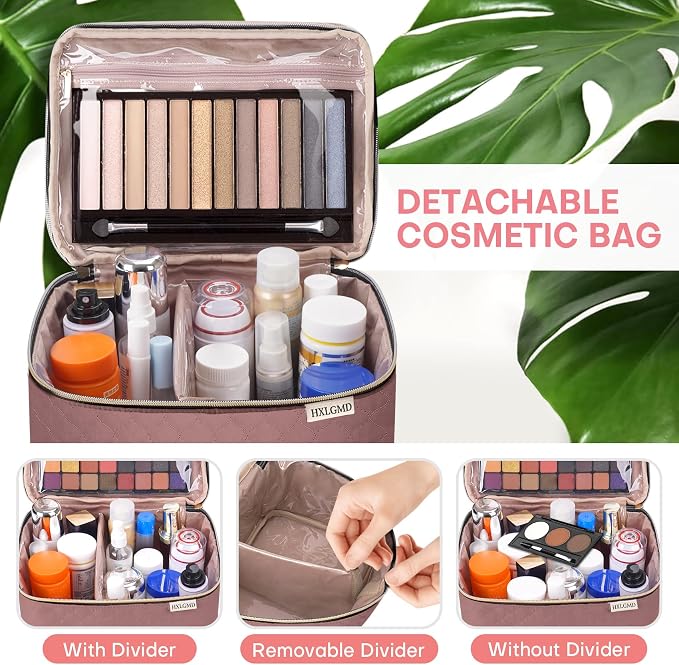 Large Makeup Bag with Mirror Double Layer Travel Make Up Organizer Case
