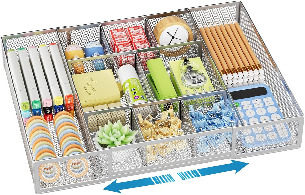 Marbrasse Expandable Desk Drawer Organizer, Mesh Tray with 10 Adjustable Compartments, Desk Organizers for Office Supplies, Makeup & Vanity (Expandable-Silver)
