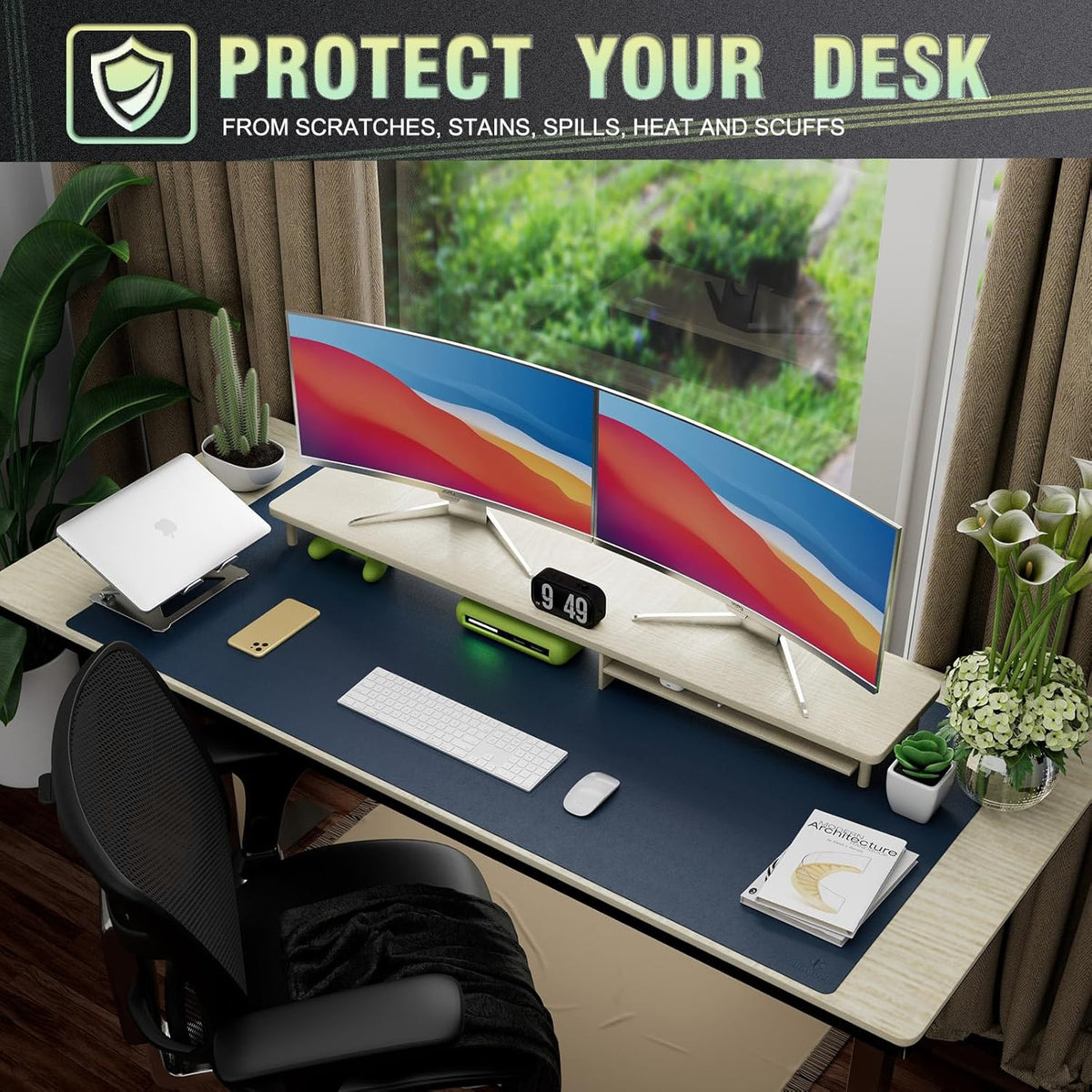 K KNODEL Large Office Leather Desk Mat, Mouse and Keyboard Pad, Computer and Laptop Mat, Desktop Protector and Cover, Writing Pad and Blotter (47.2"x23.6", Dark Blue)
