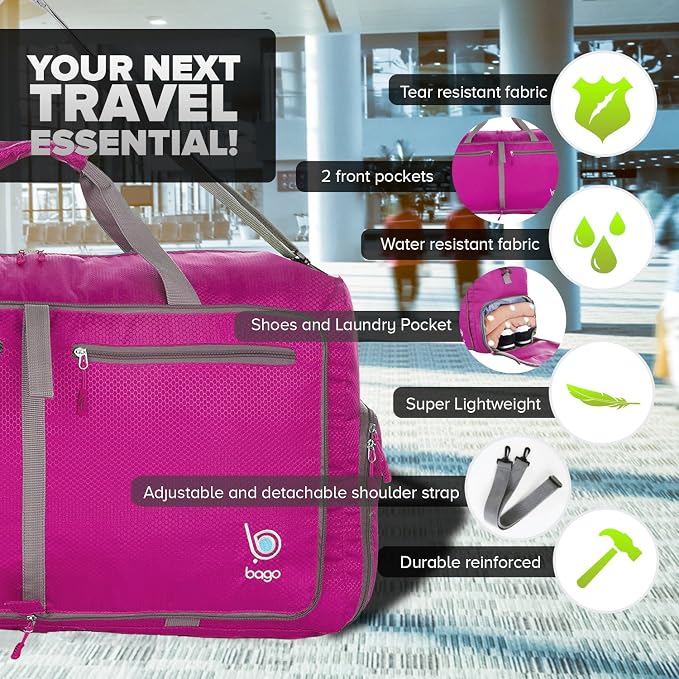 Bago Foldable Duffel Bags for Traveling Women & Men - 60L Medium Packable