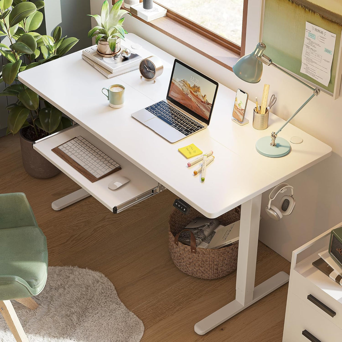 FEZIBO Standing Desk with Keyboard Tray, 48 x 24 Inch Adjustable Height Sit Stand Desk with Memory Presets for Home Office, Ergonomic Computer Workstation, White