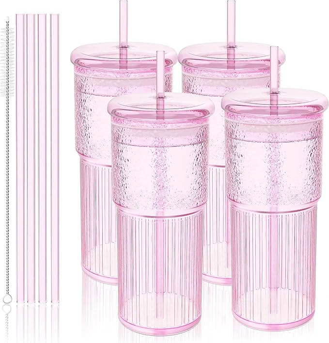 Luiaiog 20oz Glass Cups with Lids and Straws - Set of 4 Reusable Tumblers, Thickened Shatter-Resistant Glass, Ideal for Iced Coffee, Smoothies, Cocktails, Juices - Elegant & Durable Drinkware (Pink)
