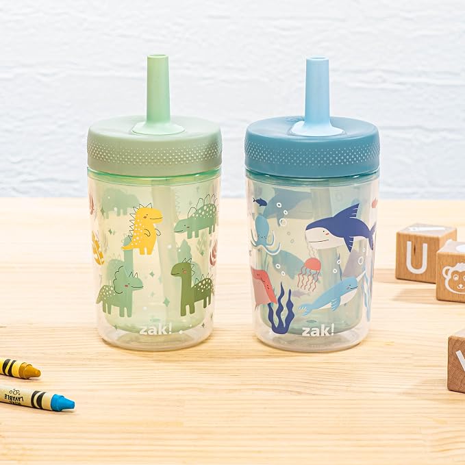 Zak Designs Capri Toddler Tumblers For Travel or At Home, 9oz 2-Pack Double Wall Plastic Sippy Cups With Leak-Proof Design is Perfect For Kids (Dino Buddies, Bubble Bay)