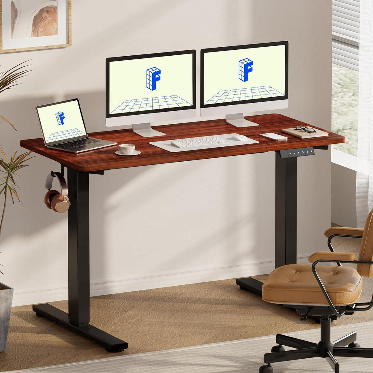 FLEXISPOT EN1 Whole-Piece Standing Desk - 60"x24" Electric Stand Up Desk Workstation, Home Office Computer Standing Table Height Adjustable (Black Frame + Mahogany Top, 2 Packages)
