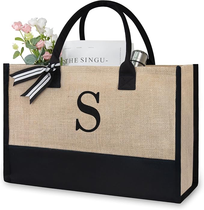 TOPDesign Initial Jute/Canvas Tote Bag, Personalized Present Bag, Suitable