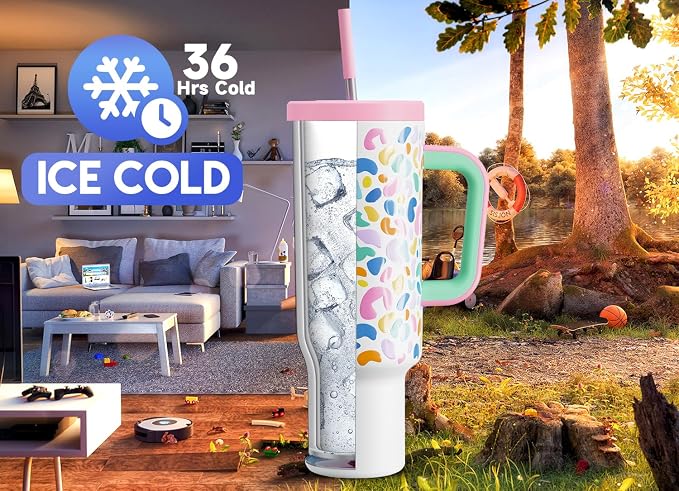 Meoky 50 oz Tumbler with Handle, Tumbler with Lid and Straw, Insulated Stainless Steel Travel Mug, 100% Leak-proof, Keeps Cold for 36 Hours or Hot for 12 Hours (Leopard)