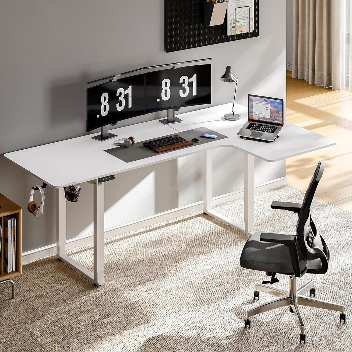 L Shaped Standing Desk, 71x43 Inches Electric L Stand Up Desk with 4 Legs, Dual Motor and Memory Controller, Adjustable Height from 28-46 Inches for Home and Computer Workstation, White