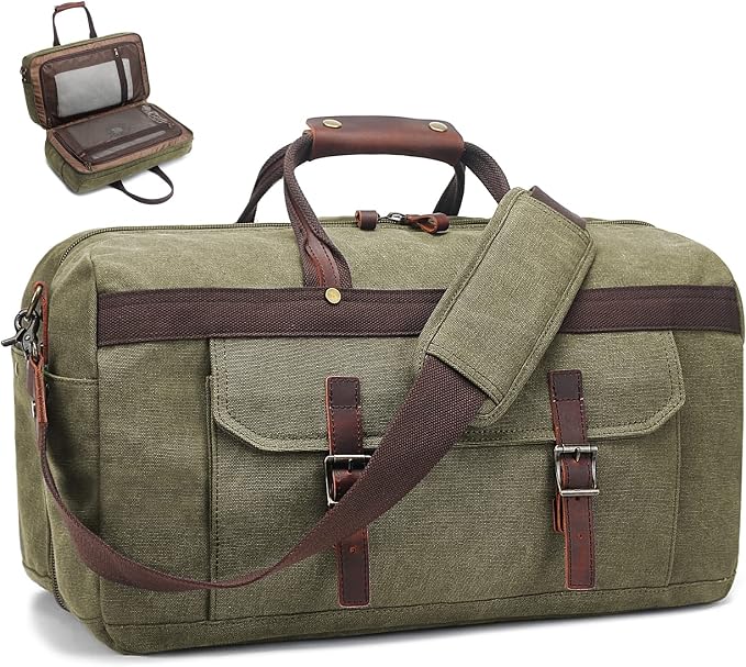 Duffle Bag for Men Waterproof Genuine Leather Canvas Travel Duffel Bags for